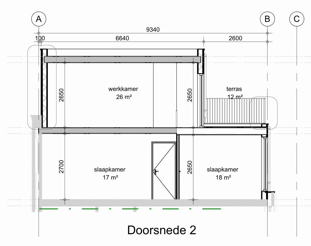 Doorsnede door de dakopbouw, werkkamer en het dakterras aan Fritz Dietrich Kahlenbergstraat 11b in Amsterdam