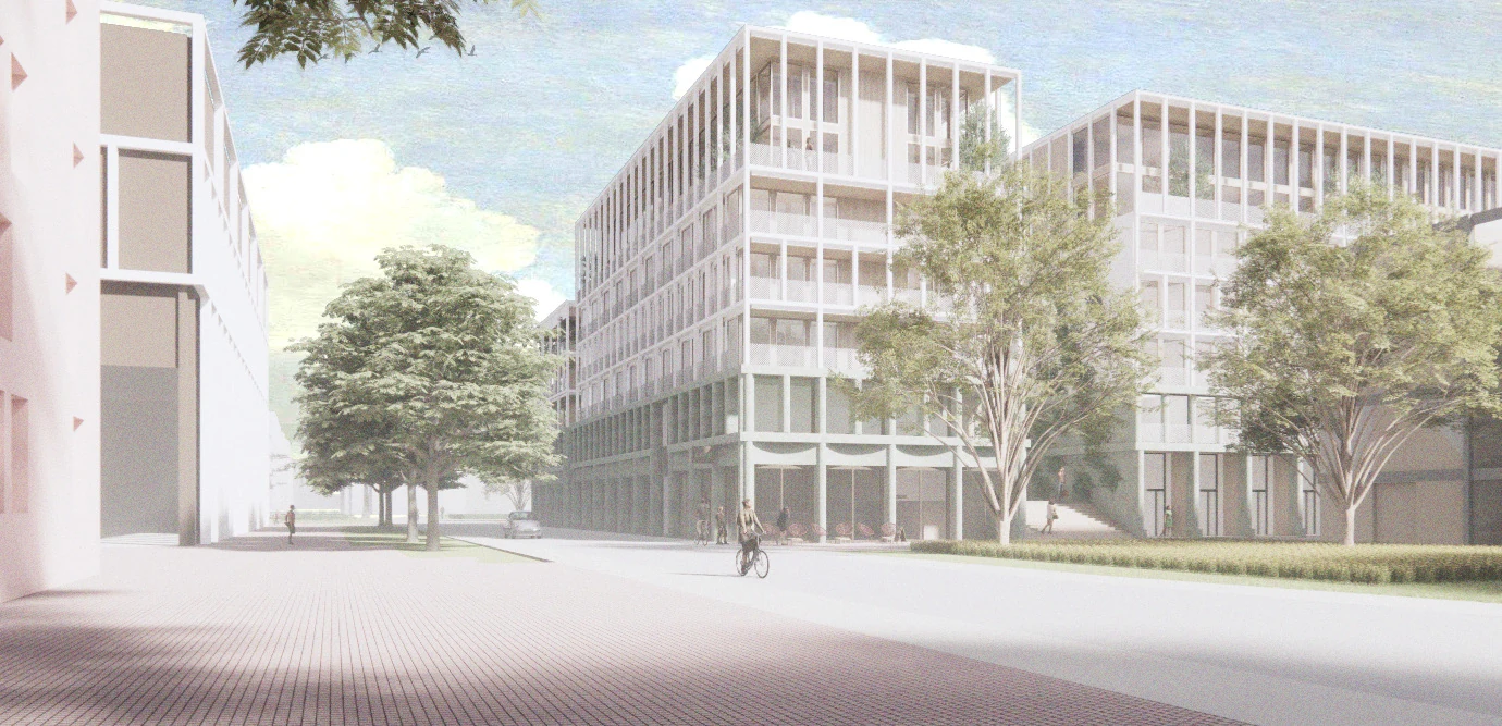 Volledige visualisatie van Het Baken aan de Cruquiusweg in Amsterdam, met plein en woongebouwen