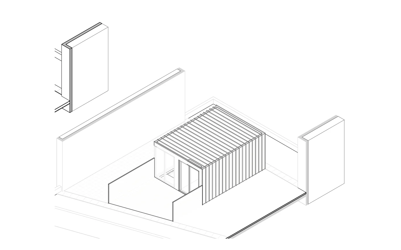 Isometrische tekening van de nieuwe tuinkamer op het dak aan de Westerdokdijk