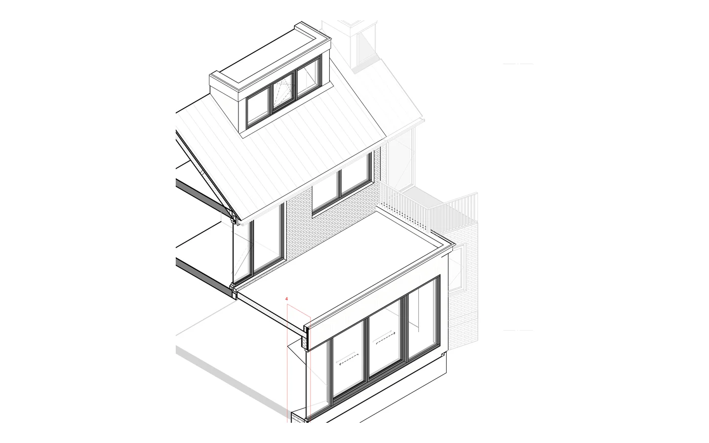 Isometrische bouwkundige tekening van een aanbouw en dakopbouw aan het Wilhelminaplantsoen