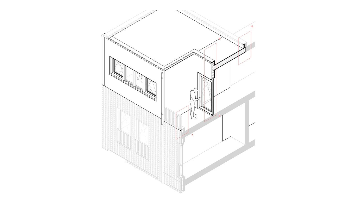 Isometrische tekening van een dakuitbreiding aan de Zwanenbloemlaan 204–206